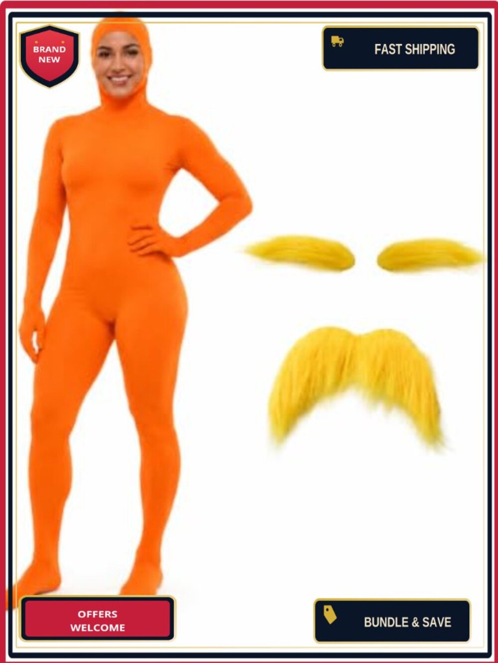 Unisex Adult Bodysuit Halloween Costume with Mustache Eyebrows